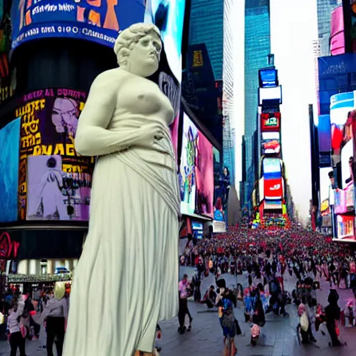 Image similar to a giant greek statue of a woman in times square