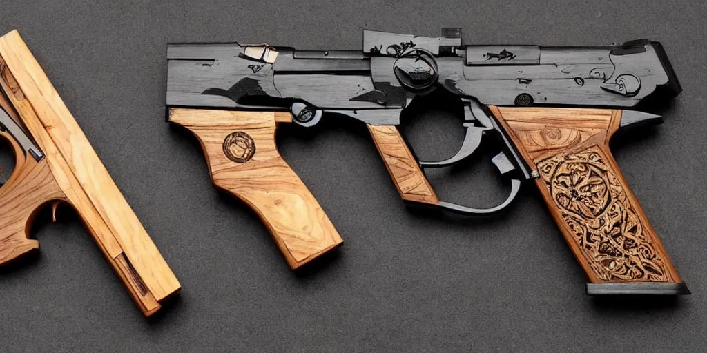 Prompt: a magic gun made out of wood, intricate details, professional