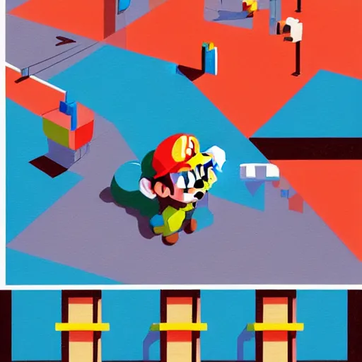 Prompt: Super Mario Bros painting by Sachin Teng, asymmetrical, Organic Painting , Hard Light and long shadows, Matte Painting, geometric shapes, hard edges, graffiti, street art:2 by Sachin Teng:4