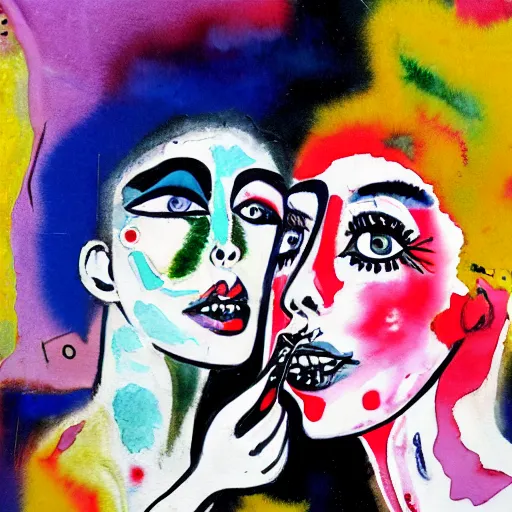 Image similar to watercolor painting of two bizarre psychedelic goth women kissing each other closeup in a cafe in japan, speculative evolution, mixed media collage by basquiat and jackson pollock, magazine collage art, sapphic art, lesbian art, chemically damaged