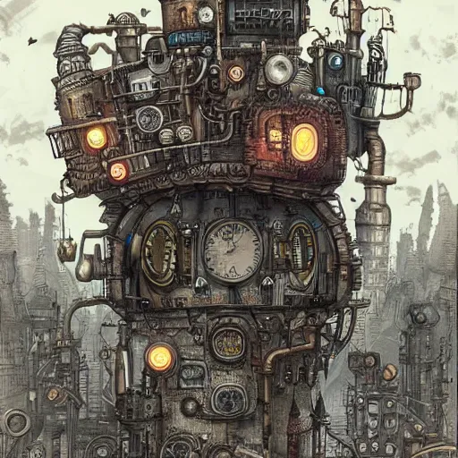 Prompt: machinarium city, steampunk style, fantasy style, super high detail, super high quality, talented artist, trending on artstation