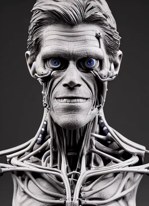 Image similar to a bust sculpture of anatomical detailed cyborg, willem dafoe, blue blood, become human, ceramic base, orthographic, studio lighting