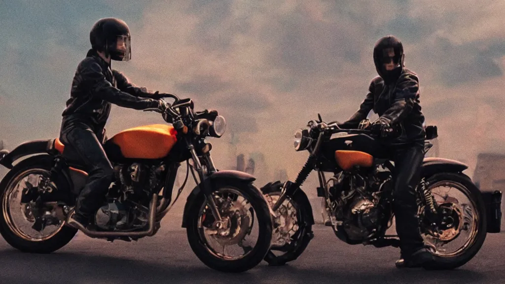 Image similar to still from a film adaptation of akira, colorgraded, motorcycle, 5 0 mm lense, vivid detail, cinematic