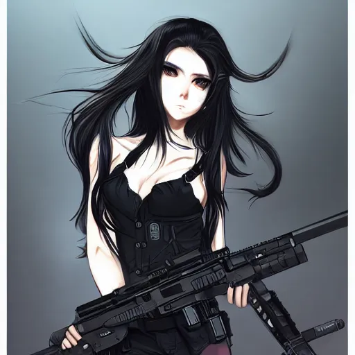 Prompt: upper body portrait of a beautiful girl with long black hair, wearing black riot gear, holding AR-15, drawn by WLOP, by Avetetsuya Studios, attractive character, colored sketch anime manga panel, trending on Artstation