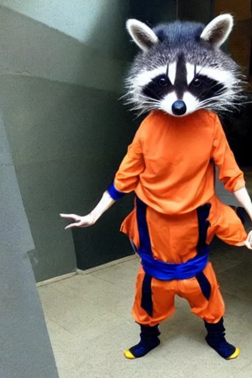 Prompt: a racoon dressed up as goku, realistic.