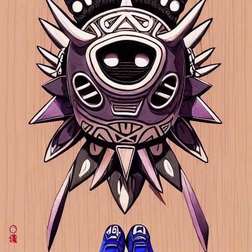 Image similar to sneaker design, astec mayan street fashion native punk shoe design, majora's mask, wearing wooden mask, ship hop sneaker design with subtle mayan patterns, gapmoe yandere grimdark, trending on pixiv fanbox, painted by greg rutkowski makoto shinkai takashi takeuchi studio ghibli, akihiko yoshida