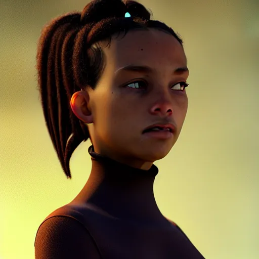 Prompt: a photorealistic hyperrealistic, bright brown eyes, light skinned african young girl, ponytail hair, flawless face, beautiful lips, cute face, black turtle neck shirt, by wlop, artgerm, greg rutwoski, alphonse mucha, beautiful dynamic dramatic low - light moody lighting, cinematic atmosphere, artstation, concept design art, octane render, 8 k