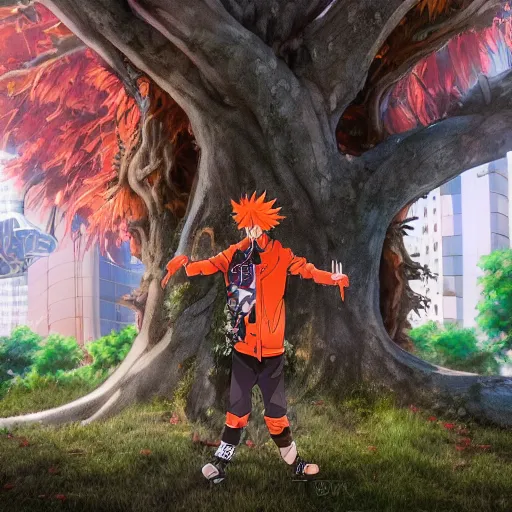 Image similar to orange - haired anime boy, 1 7 - year - old anime boy with wild spiky hair, wearing red jacket, standing under treehouse in city plaza, urban plaza, large tree, ultra - realistic, sharp details, subsurface scattering, godrays, intricate details, hd anime, 2 0 1 9 anime