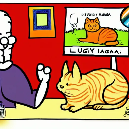 Image similar to fat orange tabby cat next to curly haired man and lasagna on table, by jim davis, garfield comic strip