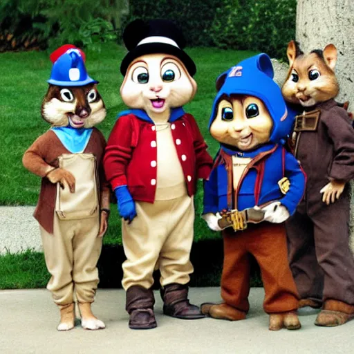 Prompt: alvin, simon, theodore chipmunk as real people, steampunk