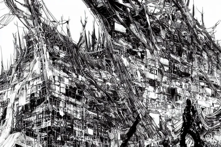 Prompt: no man's land, remnants of the human civilization, post-apocalyspe, by Tsutomu Nihei