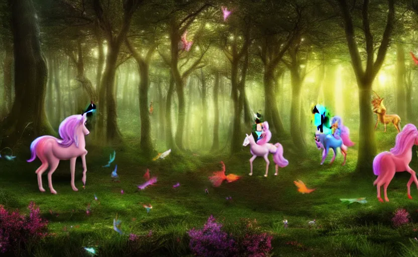 Image similar to magic forest, a lot of unicorns and pixies, real photo, 8 k resolution, photorealistic,