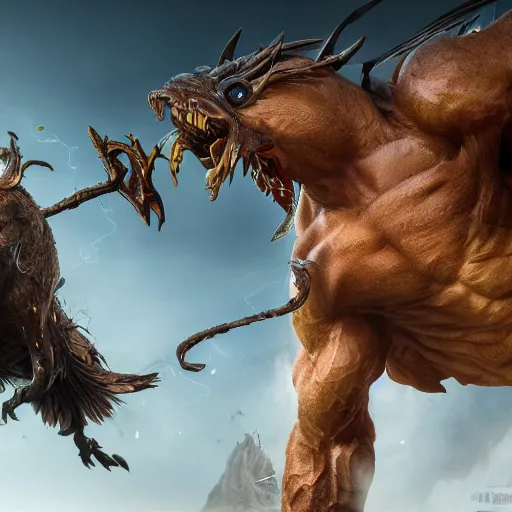 Prompt: griffin fighting a cyclops, hyper detailed, dramatic lighting, cgsociety, realistic, hyper detailed, insane details, intricate, dramatic lighting, hypermaximalist, golden ratio, rule of thirds, octane render, weta digital, micro details, ultra wide angle, artstation trending, 8 k,