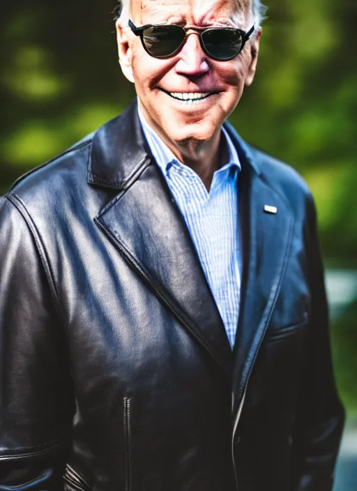 Prompt: a portrait of joe biden with a pompadour wearing a leather jacket and sunglasses, canon eos r 3, f / 1. 4, iso 2 0 0, 1 / 1 6 0 s, 8 k, raw, unedited, symmetrical balance, in - frame