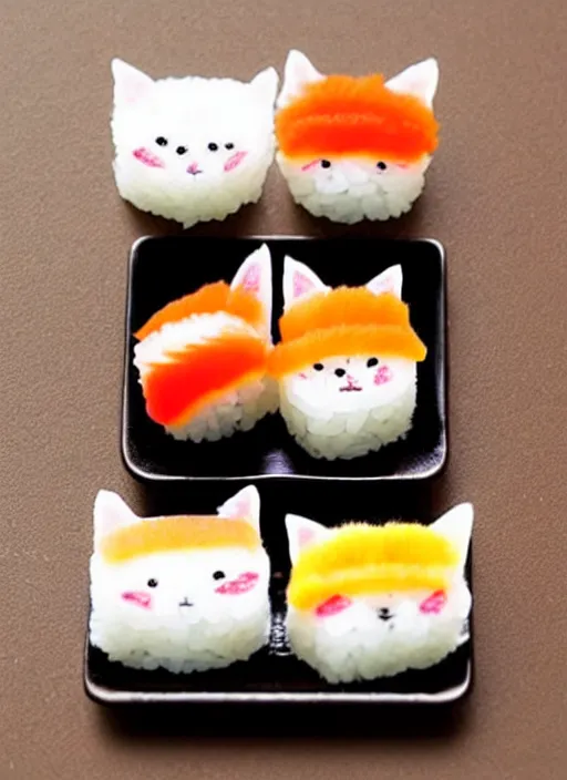 Image similar to clear surrealist painting of tiny adorable cats made from sushi rice, sitting on sushi plates with sushi, garnish, wasabi and soy sauce