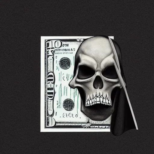 Image similar to dollar note with grim reaper, black ink on white paper