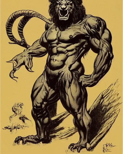 Image similar to a creature with the body and eyes of a man, with the beak of an eagle, the mane of a lion, and the horns of an ox. drawn by frank frazetta