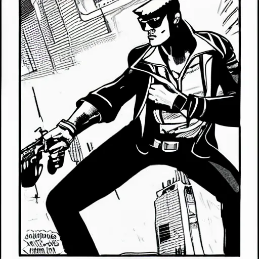 Image similar to comic book spy hunter video game illustration black and white