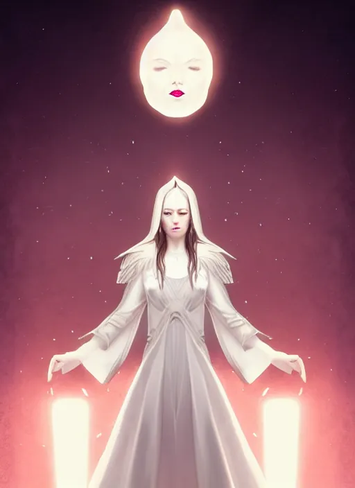 Prompt: goddess, pale, holy, gorgeous, white dress, symmetrical face, high fantasy, concept art, Disco Elysium, warm lighting