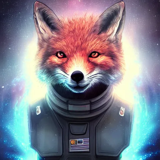 Image similar to a space fox, portrait, sci fi style, modern look, digital art, traveling through time and space, expressive lighting, aura