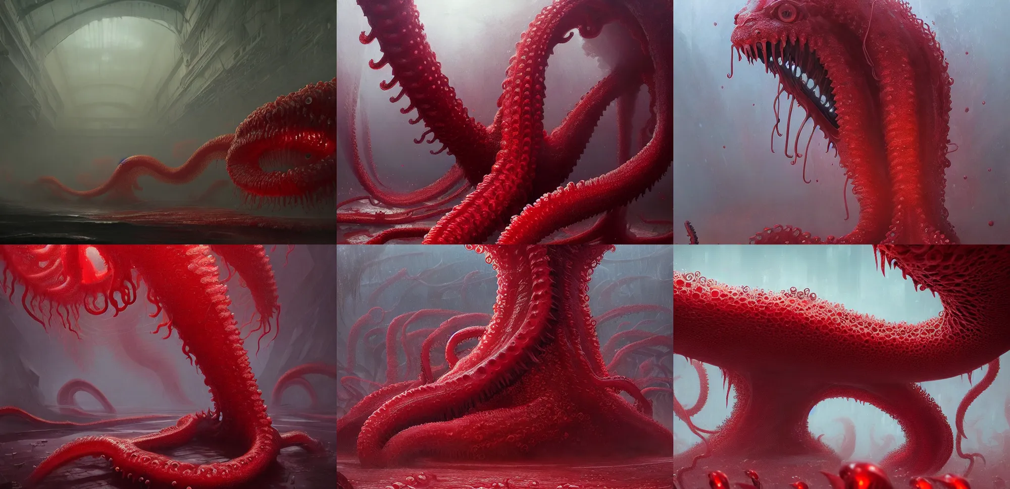 Prompt: detailed, sharp, a japanese school made of red fleshy alien tentacle covered by numerous giant eyes by Greg Rutkowski. horror. surreal. digital art. trending on artstation. HD. 8K. highly detailed. good lighting. beautiful. epic. masterpiece.