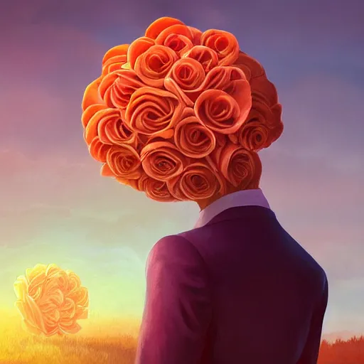 Image similar to portrait, giant rose flower head, girl in a suit, surreal photography, sunrise, blue sky, dramatic light, impressionist painting, digital painting, artstation, simon stalenhag