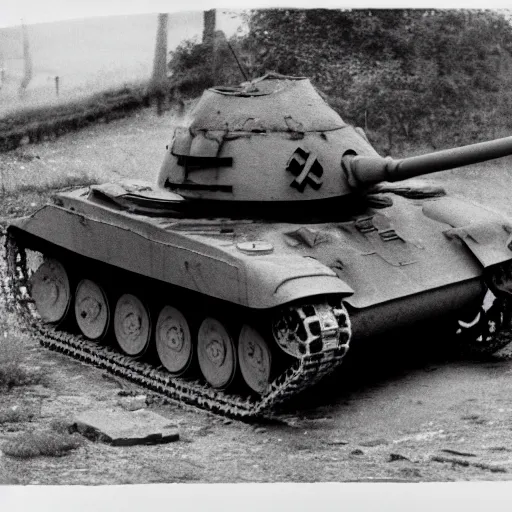 Prompt: a nazi panther tank that has been destroyed, black and white, film grain,