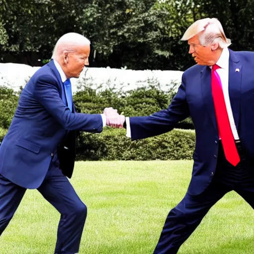 Image similar to donald trump karate chopping joe biden in the face on the white house lawn, detailed