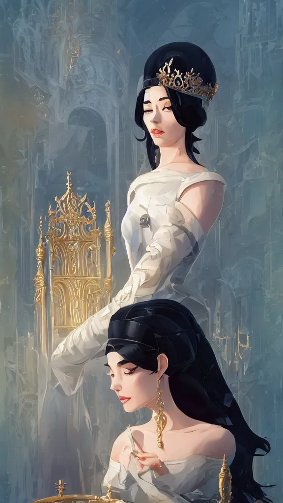 Image similar to stylized minimalist a beautiful black haired woman with pale skin and a crown on her head sitted on an intricate metal throne, loftis, cory behance hd by jesper ejsing, by rhads, makoto shinkai and lois van baarle, ilya kuvshinov, rossdraws global illumination,