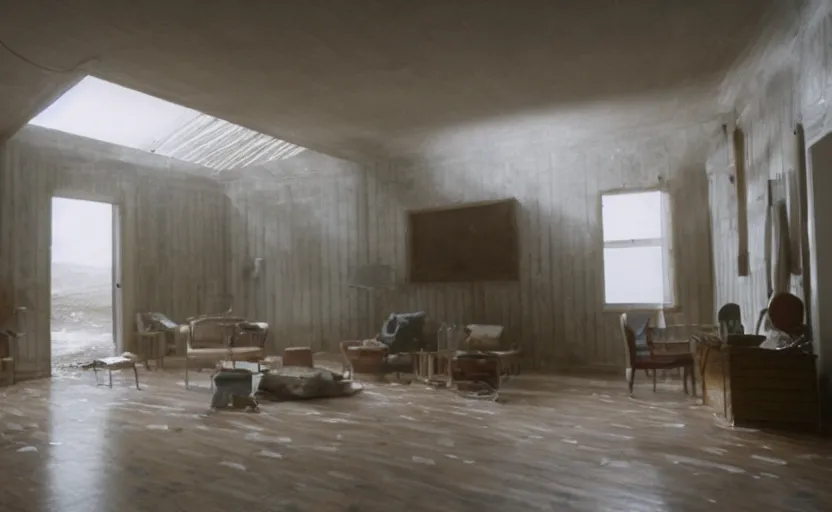 Image similar to photo of the interior of a house built on nothing and something for the nothing underneath, scene from being john malcovich film directed by charlie kaufman ( 2 0 0 1 ), moody cinematography and lighting, 2 4 mm anamorphic lens