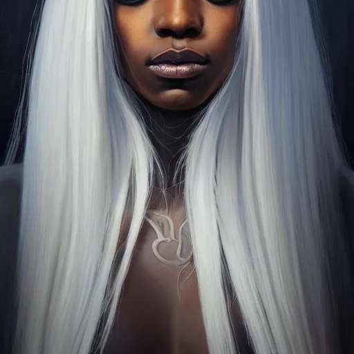 Prompt: a detailed matte oil on canvas head on symmetrical portrait of black skinned woman with! long white hair! and ( ( ( pale greenish ) ) hair, clothed by charlie bowater, lise deharme, wlop, trending on artstationhd, dungeons and dragons art critical role