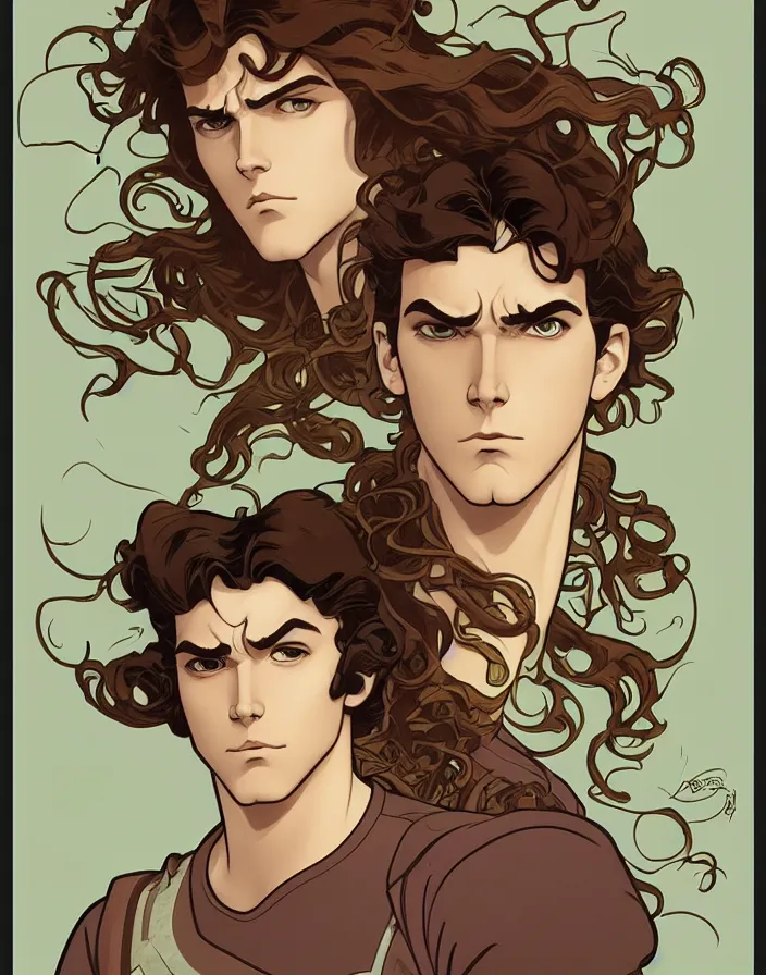 Image similar to art nouveau portrait of a young super hero with curly light brown hair, brown eyes, serious facial expression, gloomy mood, angry, t - shirt, natural lighting, path traced, highly detailed, high quality, cartoon, digital painting, by don bluth and ross tran and studio ghibli and alphonse mucha