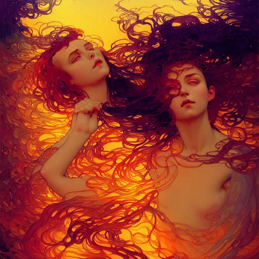 Image similar to transcendent mind bending indigo waves of glossy psychedelic liquid honey flowing like kaleidoscopic translucent amber, lsd waves, honey ripples, enlightenment, dramatic professional lighting, refracted sunset lighting, art by collier, albert aublet, krenz cushart, artem demura, alphonse mucha