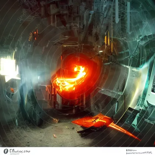 Image similar to cyborg toaster oven repairman, dark messy smoke - filled cluttered workshop, dark, dramatic lighting, orange tint, sparks, plasma rays, cinematic, highly detailed, sci - fi, futuristic, movie still