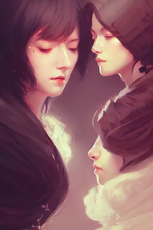 Prompt: portrait of two wise and very beautiful women discussing some texts, art by guweiz, intricate, elegant, highly detailed, smooth, sharp focus, artstation