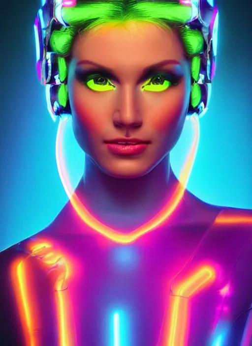 Image similar to gorgeous android woman facial portrait dressed in an aerobic sci - fi outfit of the eighties with neon colors and head band, retro, beautiful lights, vintage look, depth of field, hyper realistic, illustration, airbrush, 8 k, intricate, duo tone, art by david la chapelle and philip castle, artgerm