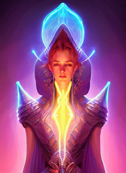 Image similar to a knight faceless glowing liquefied stardust adventurer, dnd fantasy character, full body portrait, glowing neon skin, magical aura, ultra realistic, intricate, elegant, highly detailed, digital painting, artstation, smooth, sharp, focus, illustration, art by artgerm and greg rutkowski and alphonse mucha and dan mumford, sacred geometry