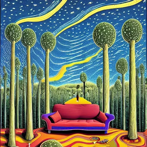 Prompt: psychedelic trippy dilk pine forest, planets, milky way, sofa, cartoon by rob gonsalves