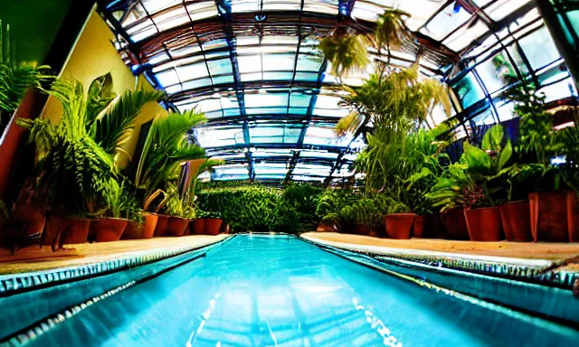 Prompt: indoor pool with ferns and palm trees, pool tubes, chromatic abberation, dramatic lighting, depth of field, Wideangle 80s fisheye photo
