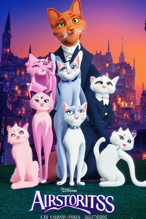 Image similar to aristocats movie poster, cgi, cinema, realistic