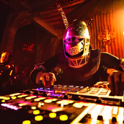 Image similar to photograph of a dubstep dj in holy knight armor djing during a medieval party, 8 k resolution, high detail