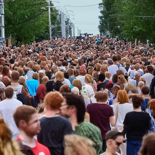 Image similar to a 3 0 foot tall, ginger, balding man walking among the crowd