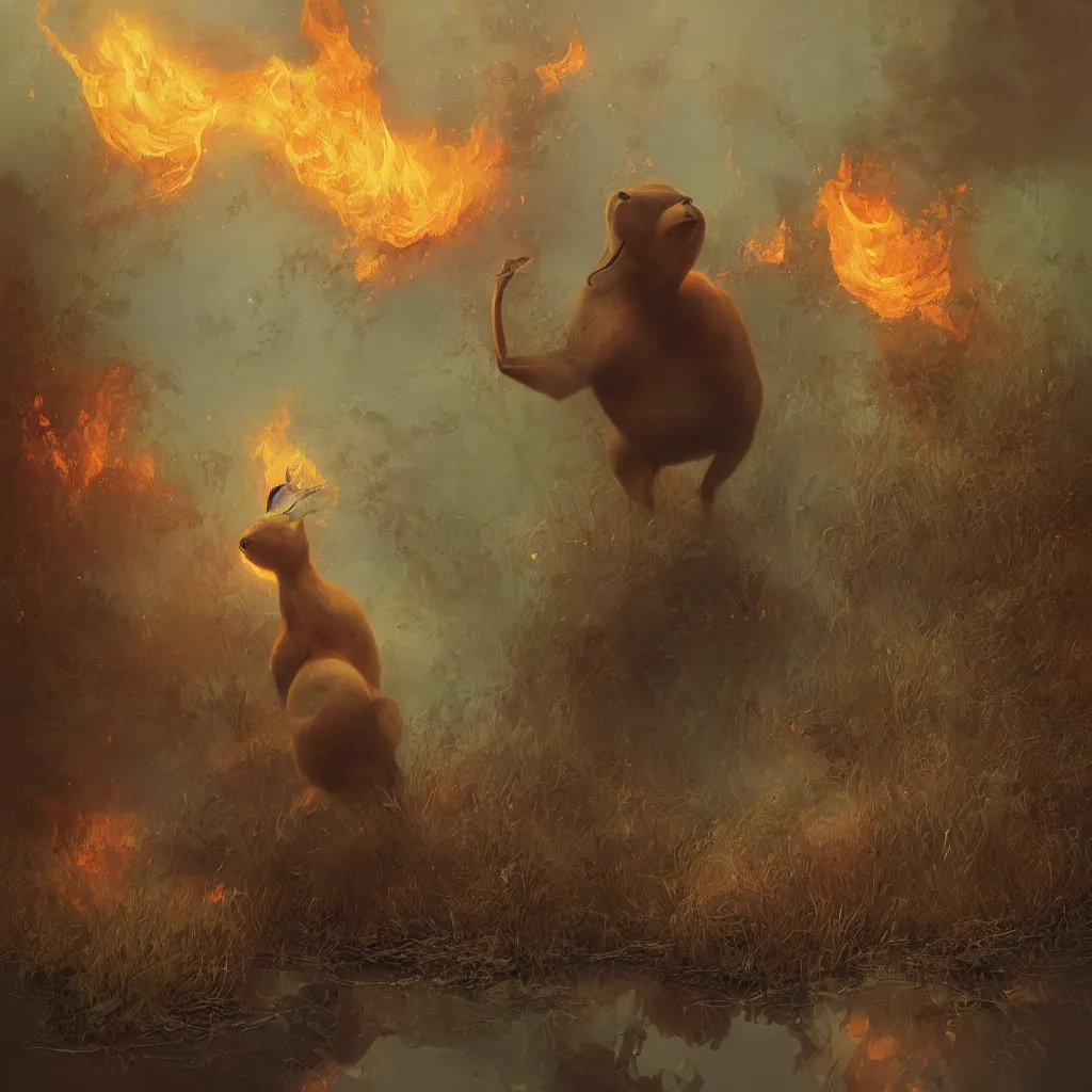 Image similar to only one singular capybara engulfed in flames, wetlands as background, digital oil painting in the style of Tom Bagshaw, Cedric Peyravernay, Peter Mohrbacher