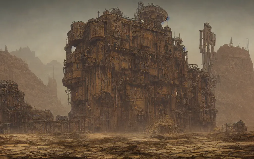 Prompt: a steampunk fortress in a desert by John Atkinson Grimshaw and Lee Madgwick and Artyom Vlaskin, 4k resolution, detailed, trending on artstation