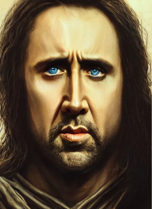 Image similar to portrait of nicolas cage as aragorn, by alan lee, lord of the rings, smooth, detailed terrain, oil painting, matte painting, concept art, trending on artstation, promotional artwork, film still, elegant, photorealistic facial features, intricate, detailed face, cinematic lighting