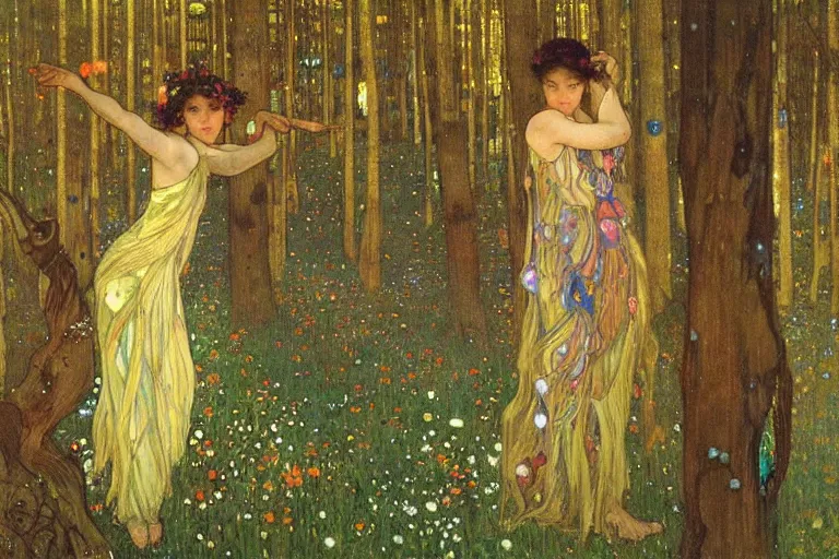 Prompt: dance of fairies in a forest at night, glowing, painting, muted colors, magical, by klimt, by alphonse mucha, by john william waterhouse