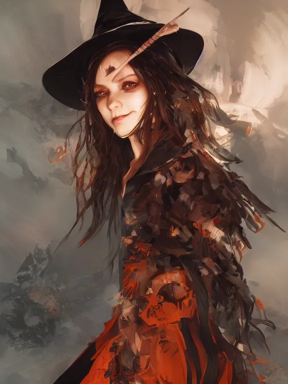 Image similar to Full shot of a mischievous young witch about to get up to some trouble. Latin American fashion. Black and Orange palette. Latina girl. brown skin. Symmetrical facial features. By Ruan Jia and Artgerm and Range Murata and WLOP. Key Art. Fantasy Illustration. award winning, Artstation, intricate details, realistic, Hyperdetailed, 8k resolution.