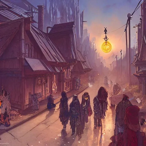 Image similar to Tlingit Maori solarpunk post-apocalyptic city street scene by Greg Rutkowski, Alphonse Mucha, Anato Finnstark, and Studio Ghibli