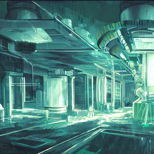 Prompt: scifi laboratory, radioactive goo on the floor, concept art for movie