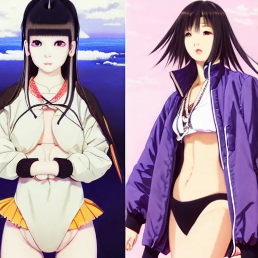 Image similar to a beautiful japanese lalisa alluring gravure model, wearing oversized designer bomber jacket and leotard, bulky poofy bomber jacket with mesoamerican patterns, mesoamerican native street fashion, gapmoe yandere grimdark, trending on pixiv fanbox, painted by greg rutkowski makoto shinkai takashi takeuchi studio ghibli, akihiko yoshida